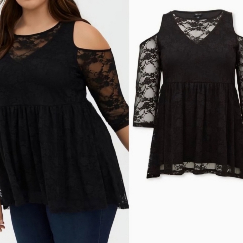 Torrid Babydoll Style Black Lace Off The Shoulder High Lo Top plus size 0
